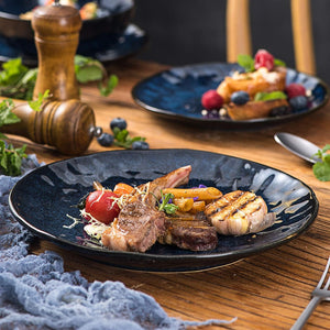 Amelia's Elegance: Home And Tower's Luxurious 24-Piece Ceramic Dinnerware Set, Resilient Plates and Bowls for 6, Microwave, Oven, Dishwasher Safe. Lamb chop, tomato cherry.