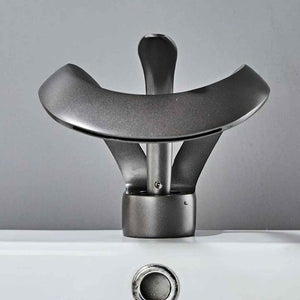 Front view of The Elegant Versailles Single-Hole, Single-Handle Luxury Waterfall Bathroom Faucet in Grey Color. Turned off.