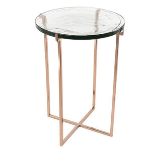 Luxe Glass Side Table With Rose Gold Metal Leg.