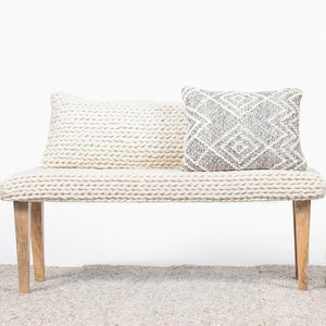 Front view of Handwoven Braided White Bench with Handwoven Braided White Pillow. 