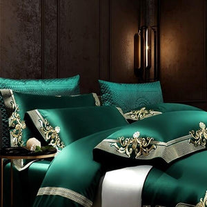 Close View of Royal Green Lake Embroidered Duvet Cover Set