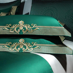 Close up Pillow Covers of Royal Green Lake Embroidered Duvet Cover Set