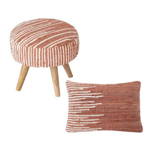 Terracotta color handwoven stripped stool besides of Terracotta Handwoven Striped Pillow.
