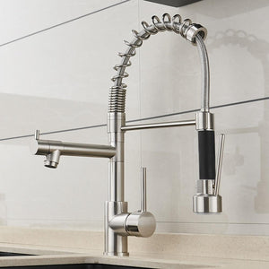 Demonstration of Neil Pull-Down Springs Sprout Kitchen Sink Faucet in brushed nickel color.