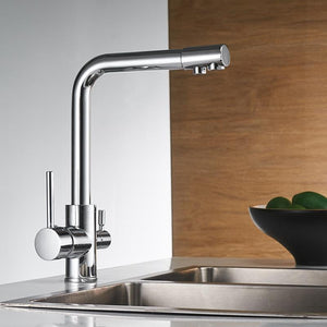 Erwin 360º Swivel Spout Dual-Handle Single-Hole Kitchen Sink Faucet With Filter in Chrome Color.