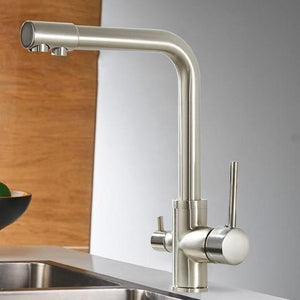 Erwin 360º Swivel Spout Dual-Handle Single-Hole Kitchen Sink Faucet With Filter in Brushed Nickel Color.