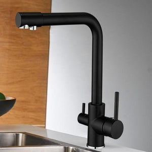 Erwin 360º Swivel Spout Dual-Handle Single-Hole Kitchen Sink Faucet With Filter in black color.