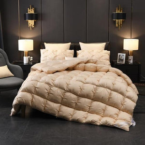 Giuseppina 1000 Thread Count Goose Down Yellow Cream Comforter Bedding Set in modern bedroom Available in Queen and King Size.