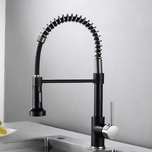 Michael Spring Spout Pull-Down Single-Hole Kitchen Sink Faucet in chrome and black color.