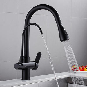 Corner view of Werner Swivel Spout Pull-Down Single-Hole Dual Handle Kitchen Sink Faucet With Filter in black color.