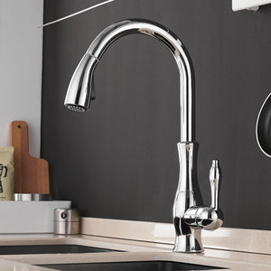 Max Swivel Spout Pull-Down Single-Hole Kitchen Sink Faucet in chrome color.