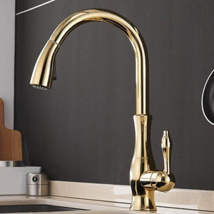 Max Swivel Spout Pull-Down Single-Hole Kitchen Sink Faucet in gold color.