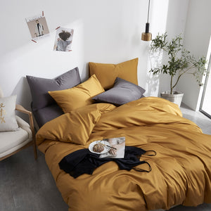 Butterscotch Ochre Yellow Grace Silk Duvet Cover Set in a modern but minimalist bedroom (Premium Egyptian Cotton Bedding Set) 600TC