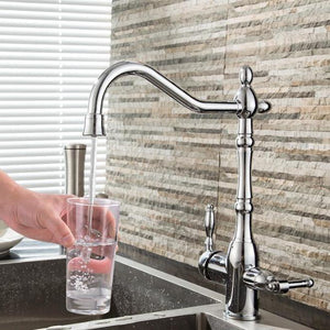 Chrome color isaac kitchen faucet demonstrating its water stream with soft bubbles.