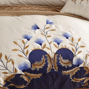 Close up of Blue Tail's embroidery. Blue Tail Luxury Duvet Cover Set (60S Egyptian Cotton). White and Blue Luxury Bed Sheets. Flat Bed Sheet and Pillowcases included in the bedding set.
