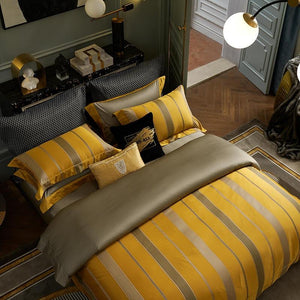 Top view of Mia Gradient Modern Duvet Cover Set in ochre color.
