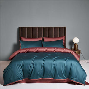 Ava Reversible Duvet Cover Set in ocean and apricot color.