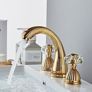 Side view of Gold color Samira Three-Hole Bathroom Faucet.