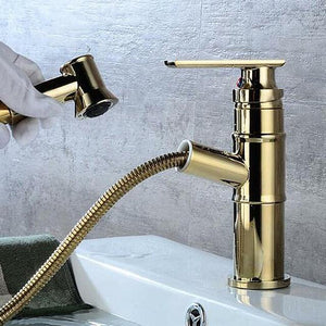 Langfoss Pull-Out Single-Hole Bathroom Faucet in Gold Color.