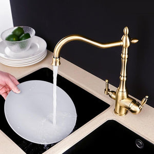 Gold Galileo Galilei Kitchen Faucet functioning on a black dual kitchen sink.