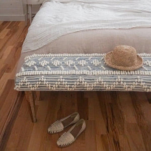 Recycled Indigo Denim Handwoven Bench in a bedroom.