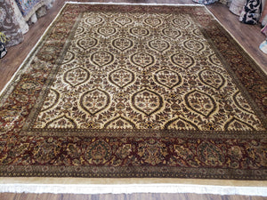 Vintage Indo Persian Area Rug 9x12, Wool Hand-Knotted Ivory & Dark Red Oriental Carpet, Fine Weave 9 x 12 Indian Rug, Dining Room Rug