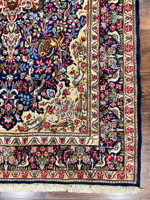 Persian Kirman Rug 6x9, Floral Medallion Vintage Wool Handmade Carpet 6 x 9, Animal Pictorials Birds, Semi Antique, Navy Blue, Millefleur