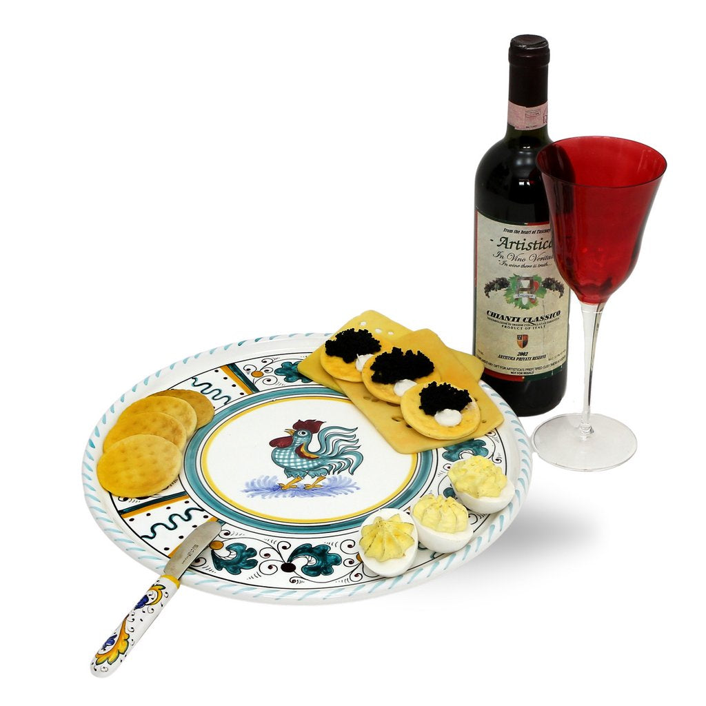 ORVIETO GREEN ROOSTER: Deruta Pizza Plate - Cake or Cheese Platter.