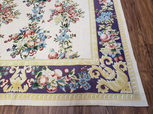 Vintage Chinese Floral Needlepoint Area Rug 6x9, Wool Hand-Woven Handmade Flatweave Rug, Ivory & Purple, Fruits Grapes Apples, Dining Room