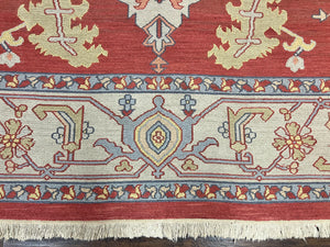 Indo Heriz Flatweave Rug 10x14, Indian Large Room Sized Carpet 10 x 14 ft, Red Green Floral Allover, Wool Handmade Vintage Oriental Rug