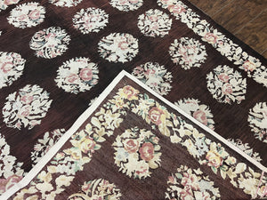 Floral Needlepoint Rug 5x7, Repeated Floral Motifs, Eggplant Color, Handmade Wool Vintage Needlepoint Area Rug 5 x 7 ft, Flatweave Rug