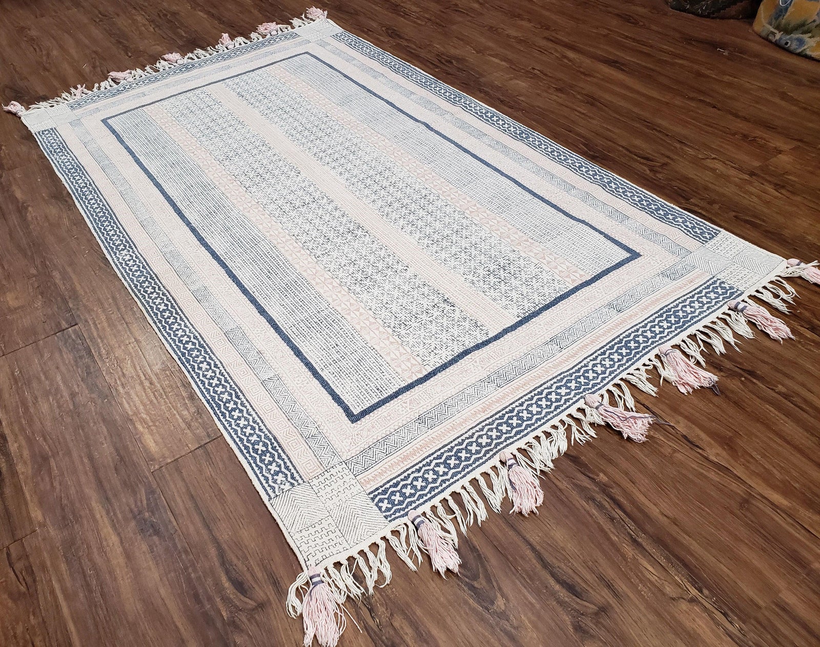 Vintage Moroccan Kilim Area Rug 4x6, Ivory & Blues, Moroccan Wall Hanging, Wool, Handmade, 3'9" x 6' 1", Boho Rug, Flatweave Moroccan Carpet