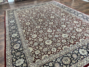 Sino Persian Rug 9x12, Floral Allover Pattern, Wool Vintage Carpet, Dark Maroon Red, 9 x 12 Traditional Room Sized Rug, Finely Hand Knotted