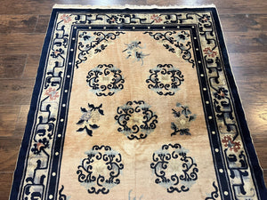 Chinese Peking Rug 4x6, Wool Hand Knotted Handmade Vintage Semi Antique Carpet, Semi Open Field, Light Peach & Navy Blue, Art Deco Rug