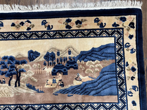 Antique Chinese Pictorial Rug 2.7 x 5, Chinese Village and Hills Carpet, Beige and Dark Blue, Handmade, Horizontal Rug Wall Hanging Tapestry