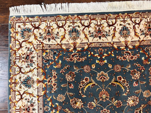 Sino Persian Rug 4x6, Very Fine Oriental Carpet, Handmade Rug 4 x 6, Floral Allover Vintage Traditional Wool & Silk Highlights, 200 KPSI