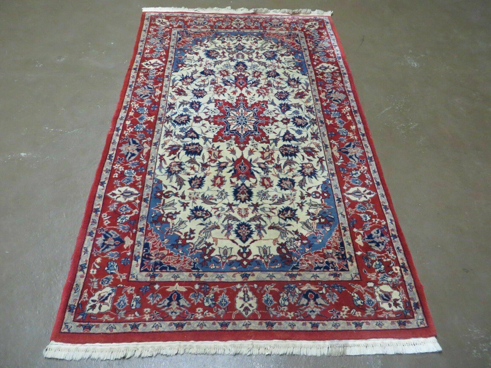 3' X 5' Vintage Handmade Authentic Oriental Floral Medallion Fine Wool Rug Beige Red and Blue Top Quality Veg Dyes