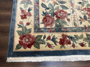 Chinese Wool Rug 8x11, Vintage 1960s Carpet, Cream and Teal, Floral Garden Panel, 8 x 11 ft Area Rug, Soft Handmade Room Sized 120 Line Rug