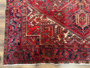 Persian Heriz Rug 7x10, Geometric Pattern, Red Ivory Navy Blue