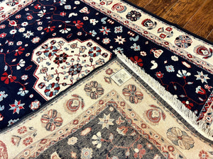 Belgium Power Loomed Rug 5.6 x 7, Navy Blue and Ivory, Heriz Pattern, Vintage Oriental Carpet