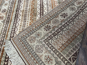 Striped Turkish Anatolian Rug 6x7 Almost Square Shaped Carpet Handmade Vintage Oriental Rug, Living Room Rug, Neutral Colors Cream, Wool Rug