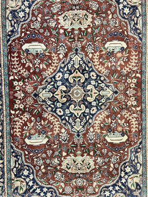 Pak Persian Rug 5x7, Wool Hand Knotted Vintage Carpet, Floral Medallion Rug, Brick Red & Navy Blue, Fine Weave, Medium Sized Rug