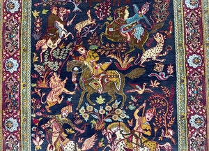 Indian Kashmiri Wool & Silk Rug 4x6 ft, Hunting Scene, Midnight Blue, Hand-Knotted, Archers, Swords, Horses, Vintage Antique Oriental Carpet