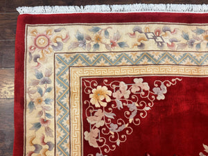 Chinese Wool Rug 8.6 x 11, Red and Beige Asian Oriental Carpet, Plush Pile, Vintage Handmade Chinese Carving Sculpted Rug, Semi Open Field
