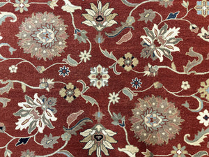 Indian Mahal Rug 8x10, Room Sized Wool Handmade Vintage Carpet, Red and Black, Floral, Flatweave Mahal Sultanabad Rug