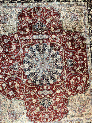 Pak Persian Rug 8x10, Wool Hand Knotted Vintage Carpet, Dark Red & Navy Blue, Dome Design Floral Medallion Rug, 8 x 10 Oriental Rug