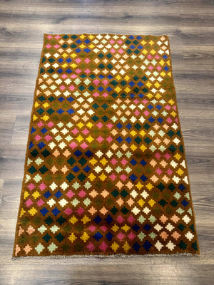 Afghan Balouch Rug 3x5, Multicolor, Vintage, Wool, Handmade