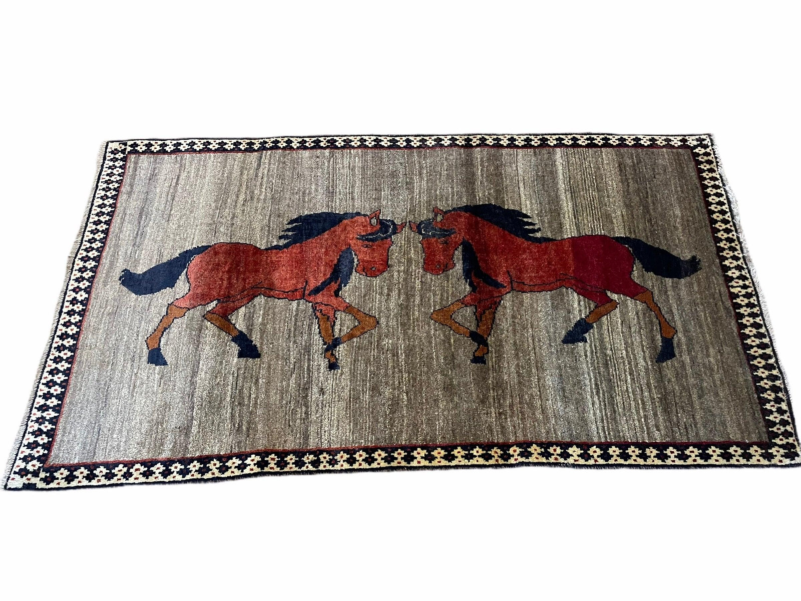 4 X 7 Handmade Hand-Knotted Quality Wool Rug Pictorial Horses Veggie Dyes Tribal