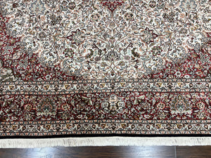 Silk Indian Kashmiri Rug 9 x 11 ft, Room Sized Silk Vintage Indo Persian Handmade Hand Knotted Fine Oriental Carpet, Ivory and Maroon