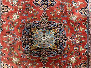Indo Persian Rug 7x10, Vintage Handmade Wool Carpet, Floral Medallion Traditional Rug, Red and Midnight Blue